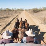 Two people in wide-brimmed hats drive a horse-drawn carriage down a dirt road through a dry, open landscape with sparse trees.