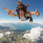 Two people tandem skydiving above a landscape with fields, river, and coastline visible below, both giving thumbs-up gestures.